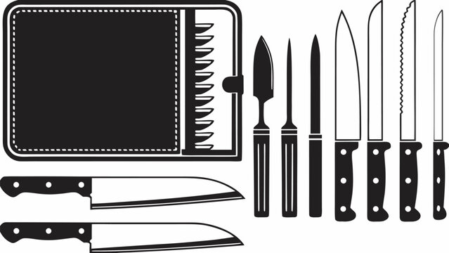 Illustration of a knife set with various blades and handle styles in a black and white design style silhouette