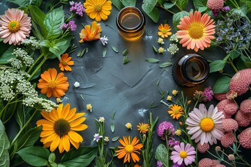 Natural medicine concept featuring blooming flowers and essential oil bottles