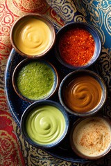 Assorted sauces in ceramic bowls on ornate fabric background for culinary inspiration,National Condiment Month,