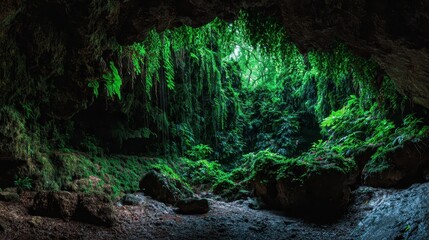 Lush Green Cave Interior with Vibrant Ferns and Natural Light