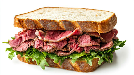 Succulent roast beef and fresh arugula sandwich with horseradish sauce on toasted bread, isolated on white.