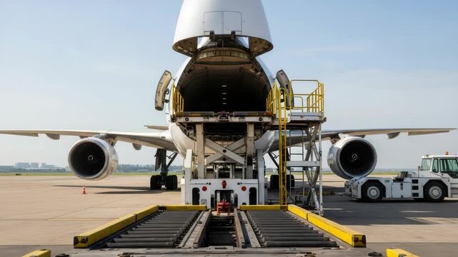 A large cargo airplane with its nose door open is being serviced by a tug vehicle and a conveyor belt system on the tarmac at an airport