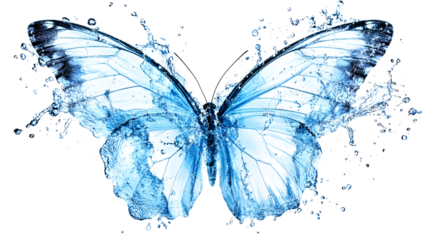 Translucent Water Butterfly with Splashing Drops on Transparent Background for Artistic and Design Applications