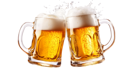Two Beer Mugs Clinking with Frothy Beer and Splashes Against a Transparent Background Symbolizing a Joyful Celebration
