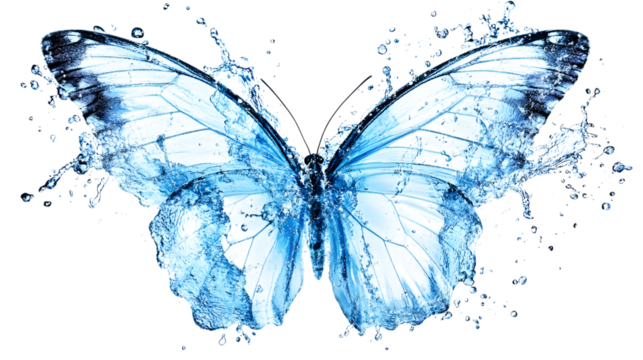 Translucent Water Butterfly with Splashing Drops on Transparent Background for Artistic and Design Applications