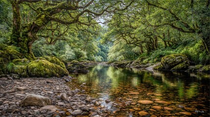 Obraz premium Serene Forest River with Lush Green Trees and Tranquil Water Surface