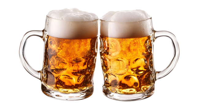 Two Frothy Mugs of Golden Beer with Bubbles and Foam on a Transparent Backdrop Refreshing Alcoholic Beverages