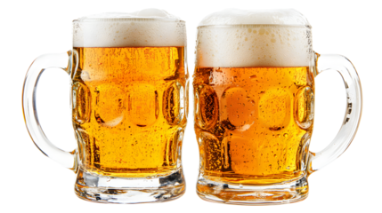 Two Refreshing Mugs of Light Beer with Bubbles and Foam on a Transparent Background Invigorating Alcoholic Drinks