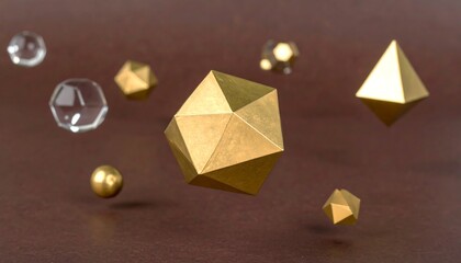 Golden Geometric Shapes Floating Against Deep Brown Background