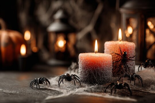 Halloween party invitation with candles, spiders, and spooky decor for your exciting celebration this October season Generative AI