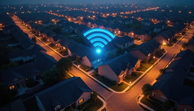 Aerial view of American suburb neighborhood with houses illuminated by streetlights. Vibrant blue Wi-Fi, 5G signal graphics overlay residential area, visualizing high-speed data connectivity, modern