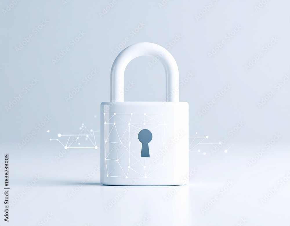 Poster a white padlock with a dark keyhole, symbolizing digital security and data protection, against a lig