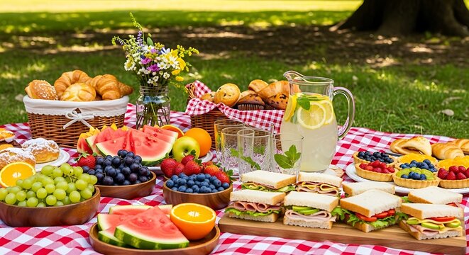 A vibrant picnic spread with sandwiches, fruits, pastries, and lemonade on a checkered tablecloth, set in a lush green park, perfect for a summer celebration