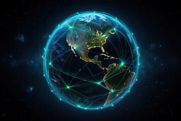 Futuristic digital network connecting global cities and continents representing worldwide communication and technology isolated on white background