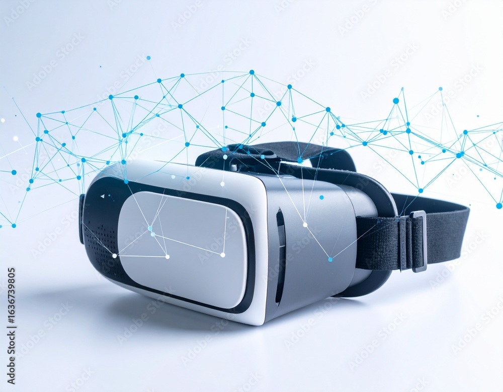 Poster A virtual reality headset with a glowing blue network of interconnected dots and lines floating above it, symbolizing digital connection and technology.