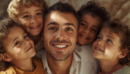 Obraz premium Happy family portrait with father and his smiling children enjoying Father's Day celebration together