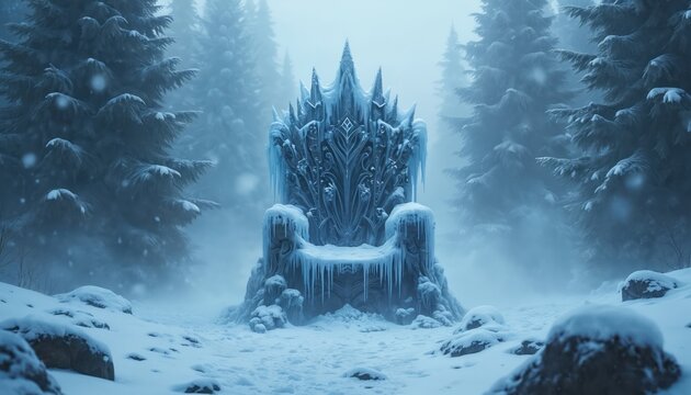 Majestic frozen throne covered in icicles, set in mysterious winter forest shrouded in cold mist, snow. Ancient ice throne intricate carvings, sits amidst snowy ground, snow-laden pine trees. Evokes - Powered by Adobe