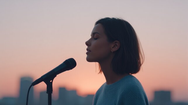 Sunset silhouette of woman singing passionately, urban skyline b