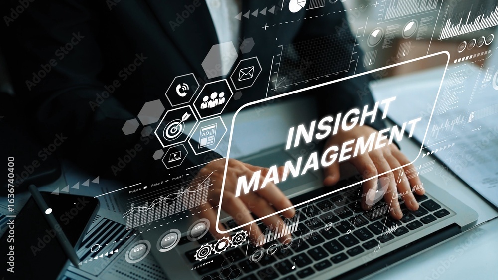 Aufkleber business professional using laptop with digital insight management graphics in office setting. asymp