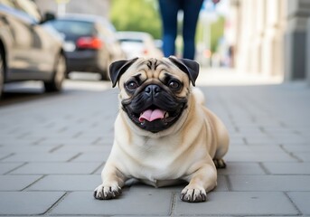 Cute pug dog lying on pavement