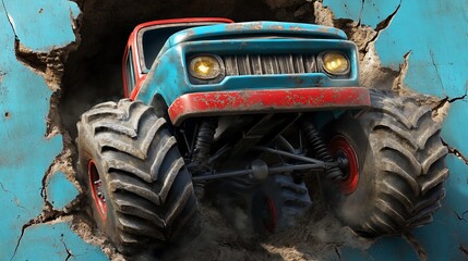 Monster truck bursts through wall of concrete in dramatic display.
