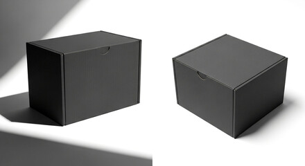 Obraz premium Two Minimalist Black Cardboard Boxes with Shadows on White Background - Elegant Packaging Mockup Template