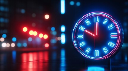 Neon clock glows brightly, showing time at night against cityscape backdrop