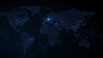 Photo of digital world map formed by glowing data points representing global connectivity and technological advancement