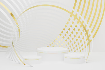 Captivating look geometric white stage - set of three white podium, swirling golden lines with motion. 3D rendering. Luxurious metallic scene for presentation product, showing cosmetic, displaying.