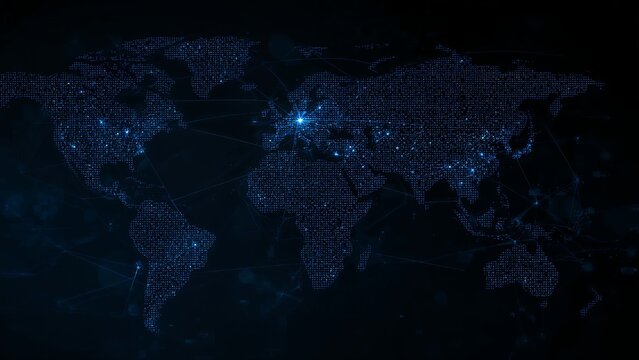 Photo of digital world map formed by glowing data points representing global connectivity and technological advancement