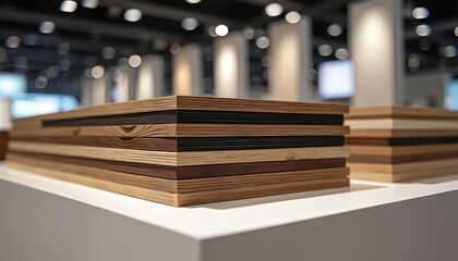 Stack of PVC edge banding samples for furniture at exhibition. Different wood textures, colors light brown, dark brown, black. Modern interior design material for carpentry, manufacturing industry.