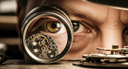 Precision Craftsmanship: Watchmaker's Eye Examining Intricate Clockwork Mechanism with Magnifying Loupe