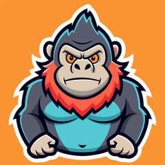 Naklejka premium Cartoon gorilla with fierce expression in bold colors. Angry primate mascot in a stylized. cartoon setting. Character illustration for mascot or logo use. General use.