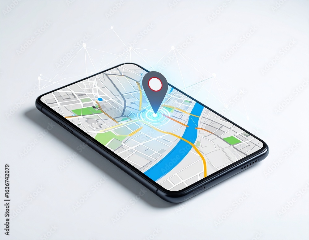 Poster smartphone displaying a city map with gps location pin.
