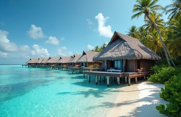 Fototapeta premium Tropical overwater bungalows on secluded island paradise. Lush vegetation, azure water, sunny sky. Wooden huts on stilts over turquoise ocean. Perfect luxury vacation resort, tranquil idyll.