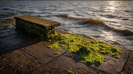 Calm Waters with Mossy Rocks at Sunset on a Seaside Shoreline