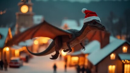 Dinosaur in Santa hat flying over the city. Christmas fairy tale mood, snowy city. Winter. - Powered by Adobe