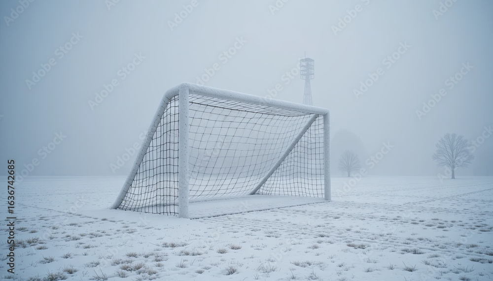 Poster a lonely goalpost stands in a snow-covered field, surrounded by a thick fog that blankets the area. 