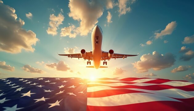Majestic airplane lands under vibrant American flag during beautiful golden sunset. Aircraft descent homecoming, national pride, patriotic aviation journey. Warm tones, clear sky with clouds.
