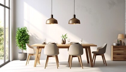 Dining Room Interior with Wooden Table and Modern Lighting Fixtures