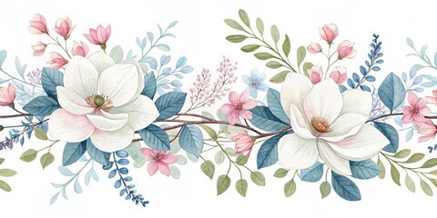 Watercolor Magnolia Floral Border, Botanical Illustration, Flower Arrangement, floral design Magnolia, Watercolor
