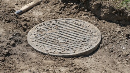 Manhole Cover Surrounded by Soil and Construction Tools on Ground