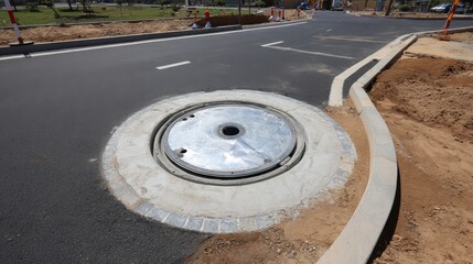 Circular Metal Manhole Cover on Grey Asphalt Road with Edge Sidewalk