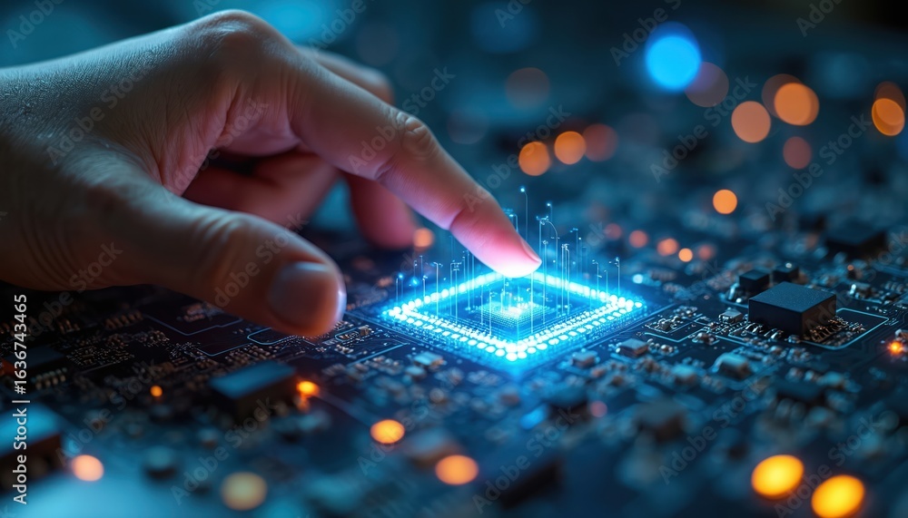 Poster finger inspects glowing computer circuit board during electronic testing. closeup of hand on hardwar