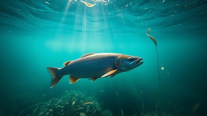 Underwater scene of trout swimming in a clear river, bathed in natural sunlight filtering through water.