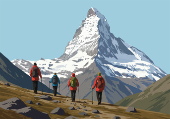 Group of hikers ascend a rugged mountain trail, enjoying a scenic journey with a majestic snow-capped peak in the distance, embracing the spirit of adventure and outdoor exploration
