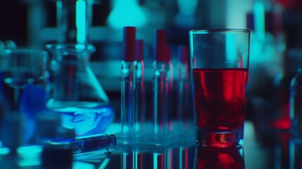 Laboratory glassware filled with liquids on a lab table, lit with blue and red lighting