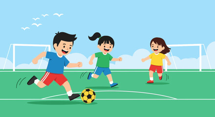 Fototapeta premium Joyful Children Playing Soccer Outdoors Under Sunny Skies In Summertime Game