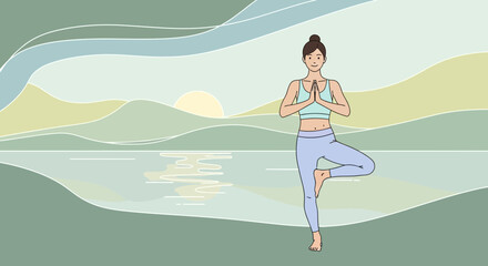 Mindful Woman Practicing Yoga Tree Pose at Peaceful Lakeside Scenery in Nature