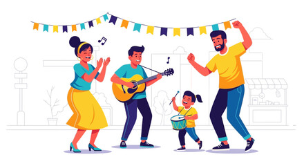 Fototapeta premium Joyful Family Celebrates With Music And Dance In A Lively Street Festival